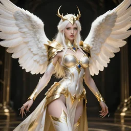 attractive white haired preying mantis wearing white dove wings, warframe armor, regal, attractive, ornate, sultry, sexy, beautiful, elize theron, pretty face, green eyes, scifi platform, 4 k, ultra realistic, epic lighting, illuminated, cinematic, black gold, art by akihito tsukushi, voidstar, artgerm