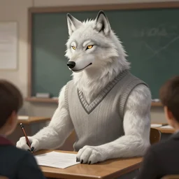 photograph of a male anthropomorphic albino wolf fursona wearing a sweater vest teaching a class, deep focus, intricate, elegant, highly detailed, digital painting, artstation, concept art, matte, sharp focus, illustration, d & d, fantasy, hearthstone, art by artgerm and greg rutkowski and alphonse mucha