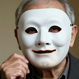 close - up portrait of a wrinkled old man wearing a pulcinella mask holding up a pizza!! to behold, clear eyes looking into camera, baggy clothing and hat, masterpiece photo by diane arbus