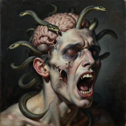 an oil on canvas painting of a screaming decapitated man's partially decomposing face with many biting serpents swarming out of his exposed brain, a surrealist painting, polycount, surrealism, surrealist, lovecraftian, cosmic horror, high detailed
