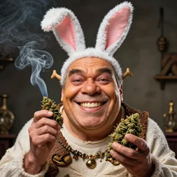 hyper realistic, portrait of a derpy mr. bean, big chungus, with bunny ears, shrek skin, grandma, smoking massive amounts of weed, big smile, buck teeth, by greg rutkowski, scott m fischer, artgerm, loish, slight glow, atmospheric, anne stokes, alexandros pyromallis, 4 k, 8 k
