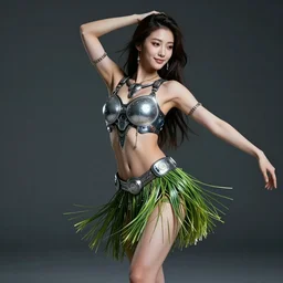 a portrait of A full body beautiful futuristic asian girl, hula dancer, young with long hair, short cyberpunk grass skirt, hyper-realistic, very detailed, intricate, very sexy pose, slight smile expression, photo realistic, dramatic cinematic lighting, octane render, 4k, ultra detailed