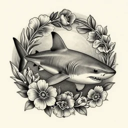 detailed amazing tattoo stencil of a floral shark hunting