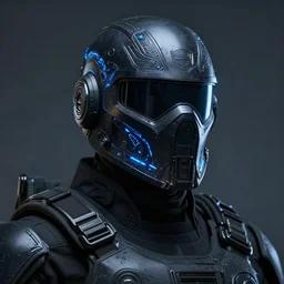 concept art of futuristic soldier wearing an armoured facemask, with intricate carving details in black and glowing blue, ultra realistic, octane render, 8 k, hd, realistic lighting, moody, dramatic