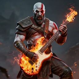 red facial stripe armored screaming kratos rocking hard on a flaming stratocaster guitar, cinematic render, god of war 2 0 1 8, playstation studios official media, lightning, flames, clear, coherent, guitar
