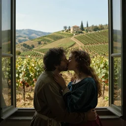 a couple kissing, behind them is a window that shows a hilly landscape with vineyards, piero della francesca, 1 4 5 0