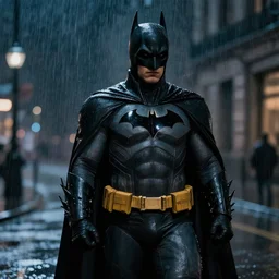 ''batman in the rain, cinematic shot, beautiful night, photorealistic, concept art, high quality, 8 k''