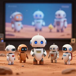 zoomed out portrait of a high quality presentation photo of cute robots working on mars, nicoletta ceccoli, mark ryden, lostfish, photography 4 k, f 1. 8 anamorphic, bokeh, 4 k, canon, nikon