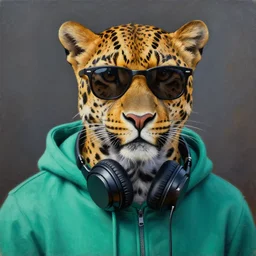a photorealistic oil painting of a leopard wearing black sunglasses, a teal green hoodie with headphones wrapping around his neck. hyper detailed, oil on canvas. this 4 k hd image is trending on artstation, featured on behance, well - rendered, extra crisp, features intricate detail, epic composition and the style of unreal engine.