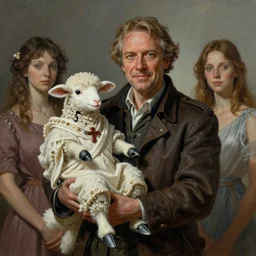 a detailed fantasy character painting of Klaus Schwab holding an Android robot lamb dressed like Jesus Christ, by lauri blank, artgerm, evelyn de morgan, 8K, 50mm lens