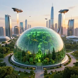 city of liberland with humongous green glass dome with forest inside and path around it and humongous futuristic glass buildings built in the horizon, spaceships being launched, flying cars, sunset light, hyperdetailed, artstation, cgsociety, 8 k