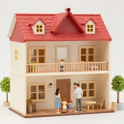 miniature family in front of giant dollhouse, matte painting, smooth, sharp focus, highly detailed, trending on artstation