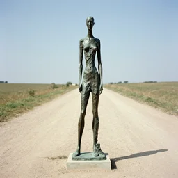 vintage color photography of a bronze sculpture by giacometti in the middle of a dirt road, image by werner herzog