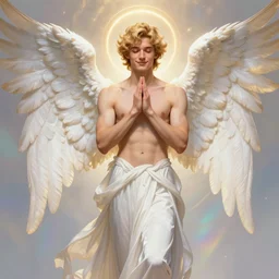 fullbody portrait of a beautiful young fit male angel with curly blond hairs, soft smile, closed eyes, blessing palms, dressed in long fluent skirt, majestic symmetrical eagle wings, luminous halo, by greg rutkowski and alphonse mucha, gradient white to gold, in front of an iridescent background, highly detailed portrait, digital painting, smooth illustration