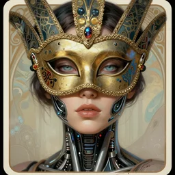 A close-up portrait of a beautiful female cyborg wearing an intricate venetian mask by wlop, exposed inner structure, glowing eyes, art nouveau card, digital painting, trending on artstation