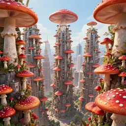 mushroom skyscraper city, heavily populated and full of life, red mushroom with white spots, immense sense of scale, rule of thirds, digital art, by beeple, by h r giger, by noriyoshi ohrai, trending on artstation