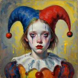 nervous young girl jester focusing by beeple and hernan bas and francis bacon and pat steir and hilma af klint, psychological, photorealistic, symmetrical face, dripping paint, washy brush, rendered in octane, altermodern, masterpiece