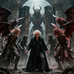 a cinema still of the seven archangels fighting demons as they are coming out the gates of hell shot by guilliermo del toro, horror, dark, natural, hyper detailed, digital art, trending in artstation, cinematic lighting, studio quality,