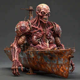 technobiological rusty warship consisting of tumors, veins, meat, kidneys, entrails, guts, skin, blood, eyes, teeth. biopunk, bodyhorror, high detail, photorealism, full length view, very rust, concept art, octane render, cgsociety by hermann nitsch, dariusz zawadzki