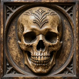 rustic antiqued carving, gothic bas relief of skull with decorative tribal design, textured 3 d, intense detail, hyperealism, 4 k