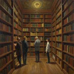 the sacred library by simon stalenhag and thomas kinkade, oil on canvas