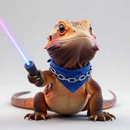 “ one cute komodo dragon with very big eyes, wearing a bandana and chain, holding a laser gun, standing on a desk, digital art, award winning, in the style of the movie zootopia ”
