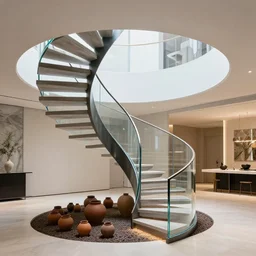 luxurious modern glass spiral staricase with pottery underneath it