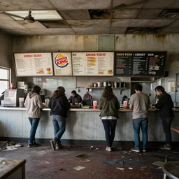 the inside of an old abandoned burger king where many people were killed. it hasn't been entered in 3 2 years. view is of the counter where you would order food, the menu board, and the kitchen. professional photography