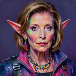 nancy pelosi as an apocalyptic scifi goblinish iridescent mudskipper biker character, psychedelic vibrant colors, futuristic punk rock fashion, oil painting by michael whelan art, richard corben, perfect face, sharp focus, detailed eyes, realistic, 8 k