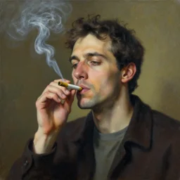 a surreal painting of man smoking a joint