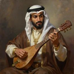 a _ fantasy _ style _ portrait _ painting _ of arabian male charismatic bard playing instrument, rpg dnd oil _ painting _ unreal _ 5 _ daz. _ rpg _ portrait _ extremely _ detailed _ artgerm _ greg _ rutkowski _ greg