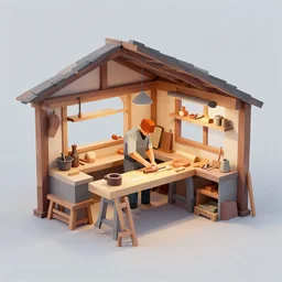 low poly 3d model of carpenter workshop