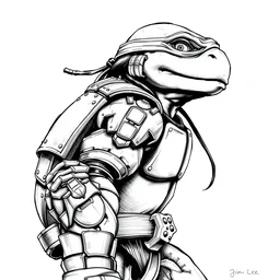 anthropomorphic ninja turtle!!! jim lee!!! sideview full shot!! flat ink sketch grayscale by jim lee close up in the style of jim lee, ( attention pose ) cyborg! battle armor rugged knight hulk toad animal superhero by jim lee