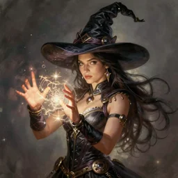 character concept of ana de armas as a witch with a big pointy hat casting a glowing spell out of her hands, intricate, elegant, digital painting, concept art, smooth, sharp focus, illustration, from Metal Gear, by Ruan Jia and Mandy Jurgens and William-Adolphe Bouguereau, Artgerm