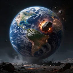 huge outer space asteroid crashing into earth and exploding, post apocalyptic, dark fantasy, liminal space, dark paradise, digital art, 4 k