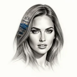 realism tattoo design sketch of megan fox face blended with beautiful mountain scenery, in the style of dan mountford, double exposure, hyper realistic, amazing detail, black and white