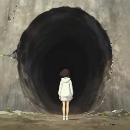 ghibli, miyazaki movie scene, vanishing point, focal point, ultra wide, brutalist, white hoodie girl outside a large dark hole in the side of a concrete wall, overexposed, dappled light, sunlight, long dark shadows, black depths, posters, notices, graffiti, banners, junk, overgrown, spiderwebs