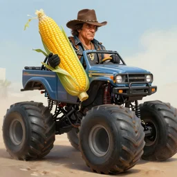 danny trejo, cinematic, driving monster truck grave digger, holding a giant corn, elegant, highly detailed, digital painting, artstation, smooth, hard focus, illustration, art by jessica rossier and and brian froud