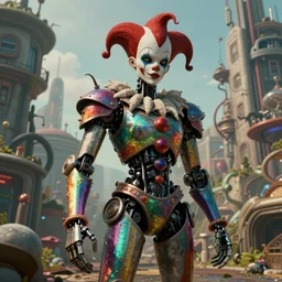 a photo of 8 k ultra realistic corrupted lovecraftian humanoid cyborg robot jester standing next to an earth - tone solarpunk city, robot tentacles, ornate rainbow armour, cinematic lighting, trending on artstation, 4 k, hyperrealistic, focused, extreme details, unreal engine 5, cinematic, masterpiece