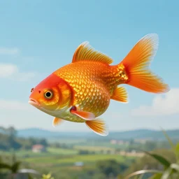 a beautiful detailed huge surreal goldfish flying over a serene landscape, landscape photography composition, vivid colors, octane render, redshift render, by ellen jewett, by jean delville, by edmund dulac, by jean giraud