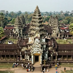 Angkor Wat in 1253 covered in white marble and gold, surrounded by a large village, full of people, colorized historical grainy photograph, highly detailed, historically accurate