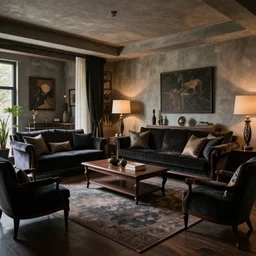 a tastefully decorated living room with dark luxurious furnishings, and a mix of antique and modern furniture, and a mix of concrete and wood finishes, dark dreamy dappled lighting