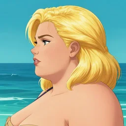a portrait of a fat blonde woman with side profile anime in ocean intricate details by MARVEL comics and Sandra Chevrier