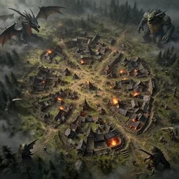 Detailed overhead Photorealistic Map of small village in magical world, wartorn, fire, evil, mist, siege, battlefield, trenches, gritty, dragon overhead, goblins, orcs, giants, forest, Greg Rutkowski, trending on Artstation