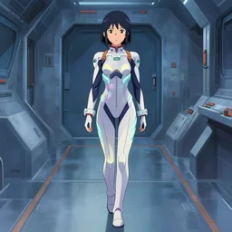 beautiful young Himalayan woman, walking empty hall of a spaceship, futuristic, somber, iridescent body suit with glowing stripes, by Makoto Shinkai and Wojtek Fus, by studio trigger, rossdraws, ambient occlusion, clean lineart and color, vibrant