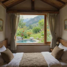 painting of an interior of a cozy bedroom in a moutain, small hot spring and lush garden outside, natural light, fantasy, natural light, concept art, by greg rutkowski and craig mullins, cozy atmospheric and cinematic lighting, trending on artstation