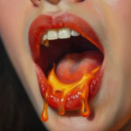 surrealist painting of liquid fire dripping from an open mouth, extreme closeup, macro lens, oil on canvas, sharp focus