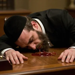 a photograph photo of a rabbi slumped over at his desk, dead and twisted by a curse, leaking ooze from his ears and eyes into a puddle