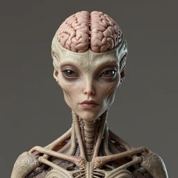 front shot of a female alien with a visible brain, intricate, elegant, highly detailed, centered, artstation, concept art, smooth, sharp focus, artgerm, tomasz alen kopera, peter mohrbacher, donato giancola, joseph christian leyendecker, wlop, boris vallejo, mugshot, ugly, octane render, nvidia raytracing demo, grainy, muted