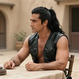 muscular man sitting at table on tatooine, wearing a black black black leather vest vest vest, no shirt, shirtless, long long black black hair in a ponytail ponytail 9 9 9 9 6 6